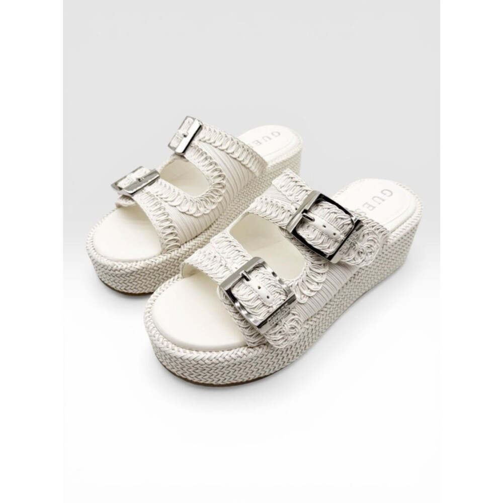 GUESS Binks Double Buckle Platform Wedge Sandals Woven Ivory Cream 11 NEW